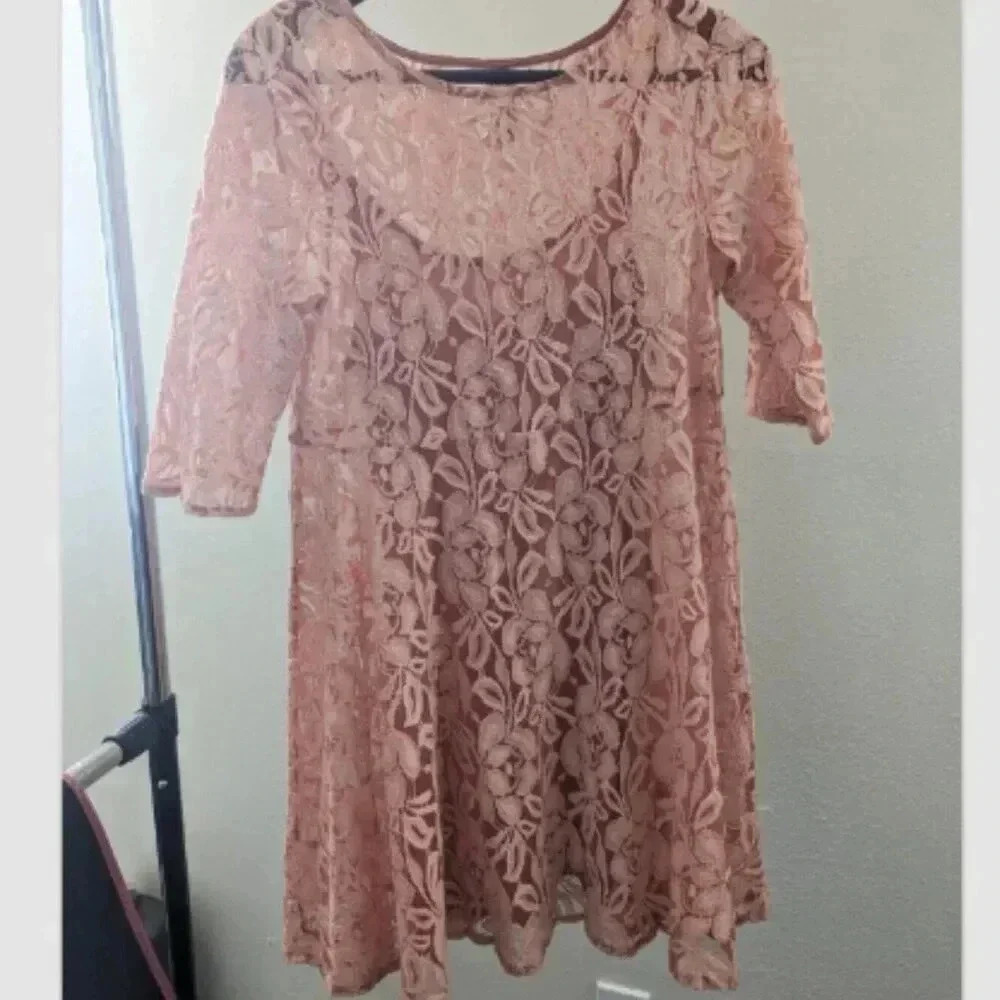 Free People Women's Lace Dress 3/4 Sleeves Light Salmon Pink Size S Fairy Boho